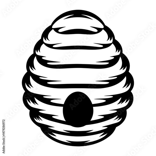 Graphic black and white drawing of a bee hive with entrance