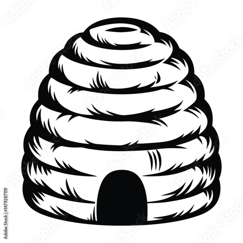 Black and White Vector Illustration of a Beehive with Honeycomb Layers