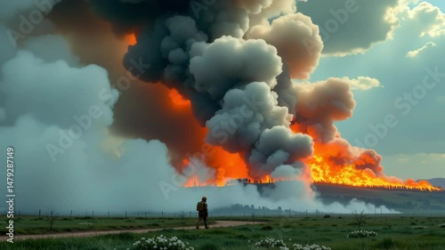 A raging wildfire engulfs a forest as a firefighter walks toward the blaze under towering clouds of smoke.