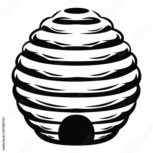 Monochrome beehive illustration shows a complex structure with an entrance hole