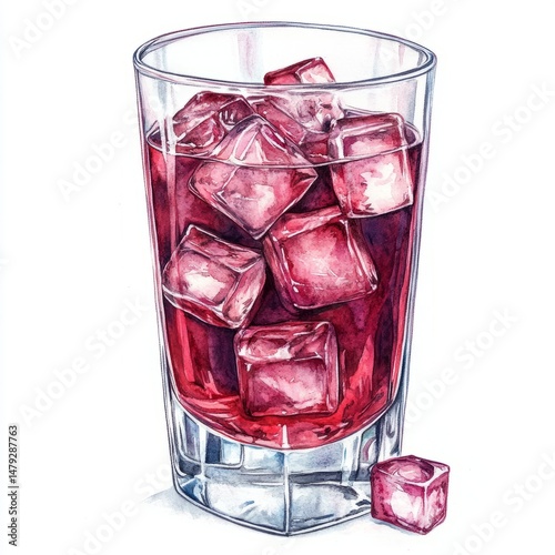 Watercolor, hand-drawn illustration of a highball glass with a dark red liquid and ice cubes inside, in a clipart style, isolated on a white background.