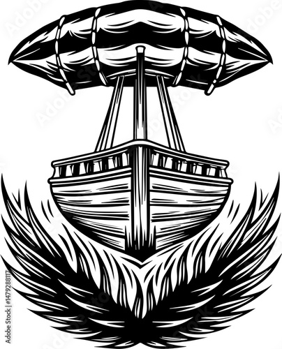SVG vector of a skull with undersea bone armada theme. Vintage Sailing Ship with Canopy and Decorative Leaf Design