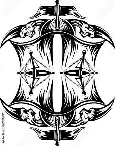 SVG vector of a skull with undersea bone armada theme. Intricate Black and White Design Featuring Symbols and Shapes