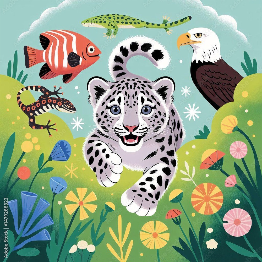 Cute Snow Leopard Cub Surrounded by Wildlife in a Floral Meadow Cute Snow Leopard Cub Surrounded by Wildlife in a Floral Meadow