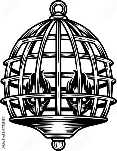 SVG vector of a skull with undersea bone armada theme. Intricate Birdcage Design with Mysterious Eyes and Flame Elements