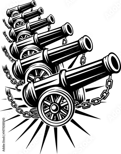 SVG vector of a skull with undersea bone armada theme. Historic Cannons in Row with Chain Detail Against a White Background