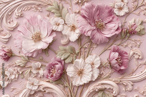 Ornate floral design on a pastel pink background.