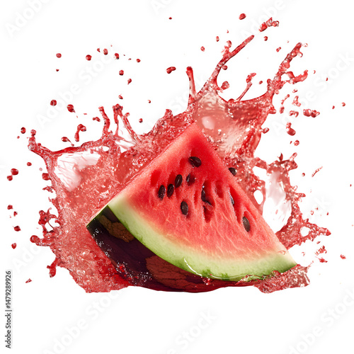 watermelon slice dynamic red juice splash isolated on transparent background.