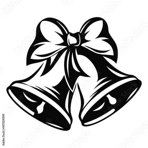 Black and white illustration of Christmas bells with festive ribbon bow