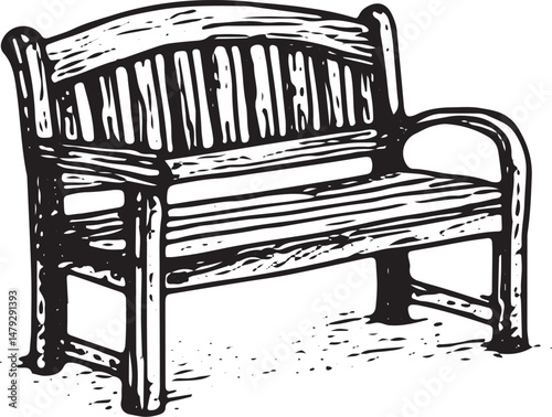 A hand-drawn illustration of a park bench, symbolizing a place of rest, relaxation, and quiet reflection in a public space or park setting