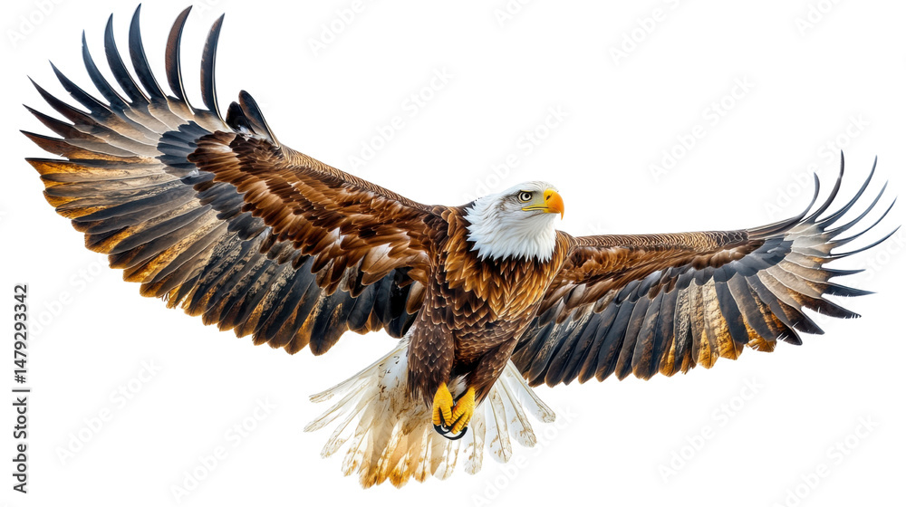 Obraz premium American bald eagle isolated on white background, majestic bird of prey with sharp eyes and powerful beak, symbol of strength, freedom, and patriotism, ideal for wildlife, nature, and educational them