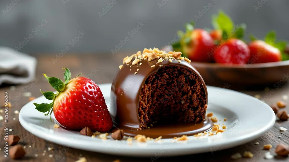 A rich chocolate cake topped with caramel sauce and nuts, served with a fresh strawberry on a white plate.