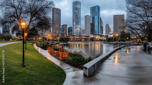 Evening reflections over houston's skyline at discovery green park urban landscape photography serene atmosphere