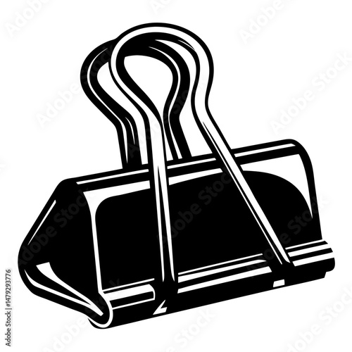 A black and white graphic illustration of a metal binder clip stationery