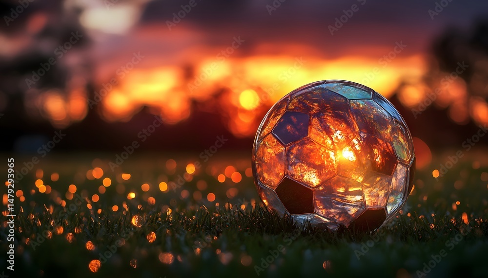 Fototapeta premium A sunset scene with a transparent soccer ball.