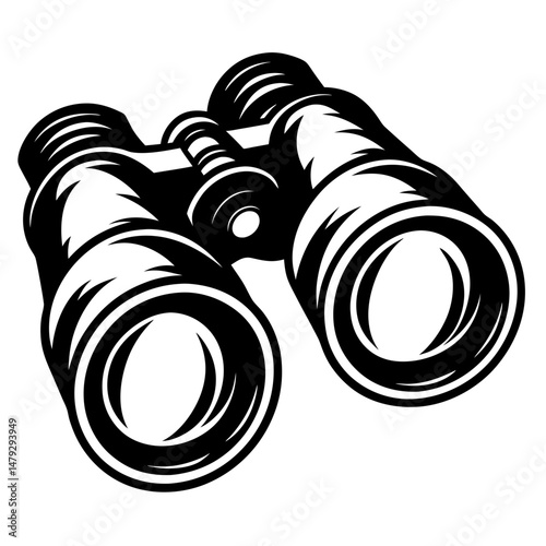Detailed black and white vector illustration of a pair of binoculars