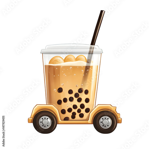 a glass filled with bubbly brown liquid black tapioca pearls isolated on transparent background.