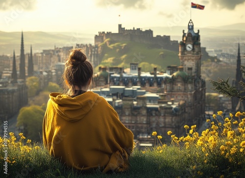 Woman sits on grassy hilltop overlooking Edinburgh Castle and city skyline at sunset.