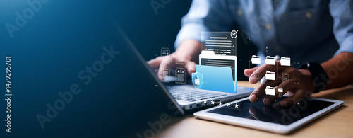 Privacy protection, secret secured lock, safety or security to archive file or document. Person holding lock document file folder with padlock.