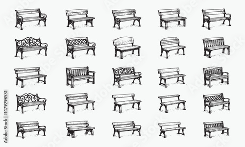 A black-and-white hand-drawn illustration featuring a diverse collection of park benches with intricate designs, perfect for urban planning, landscape art, and outdoor furniture concepts