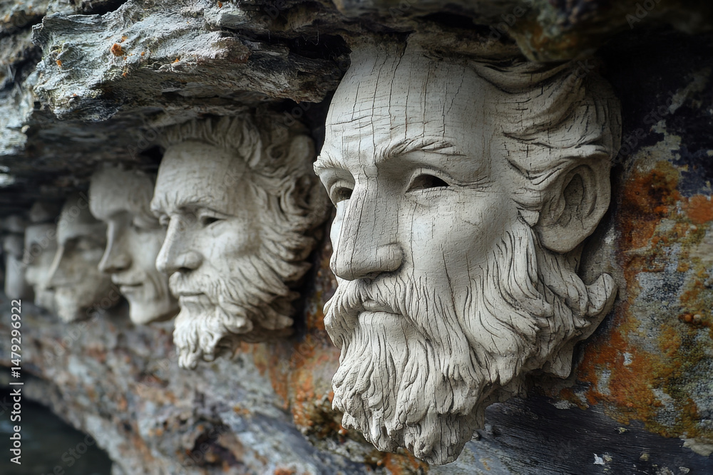 Obraz premium carved faces on rock, intricate details, expressive expressions.