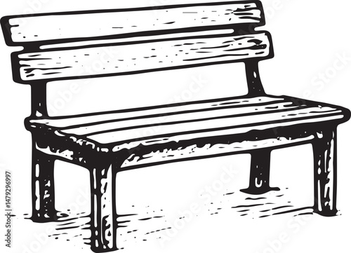 A hand-drawn illustration of a park bench, symbolizing a place of rest, relaxation, and quiet reflection in a public space or park setting
