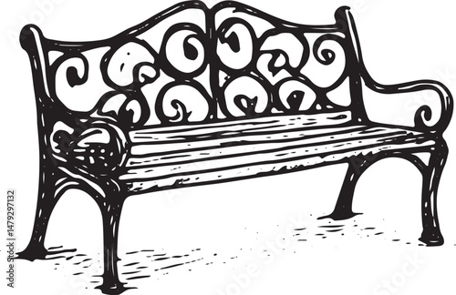 A hand-drawn illustration of a park bench, symbolizing a place of rest, relaxation, and quiet reflection in a public space or park setting