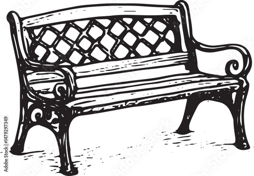A hand-drawn illustration of a park bench, symbolizing a place of rest, relaxation, and quiet reflection in a public space or park setting