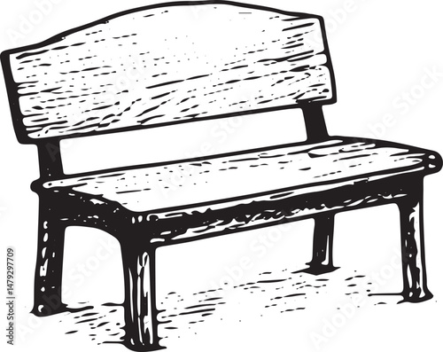 A hand-drawn illustration of a park bench, symbolizing a place of rest, relaxation, and quiet reflection in a public space or park setting