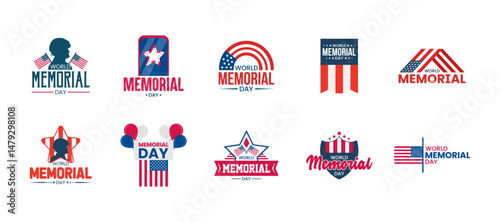 World Memorial Day Badge Collection, Patriotic USA Memorial Day Logo Set with Flags, Stars, and Military Icons, Editable vector-style PNG emblems on white background for celebration and remembrance.