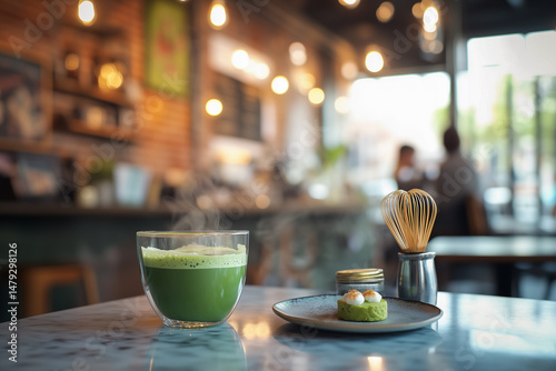 Stylish coffee shop featuring matcha drink and contemporary decor 