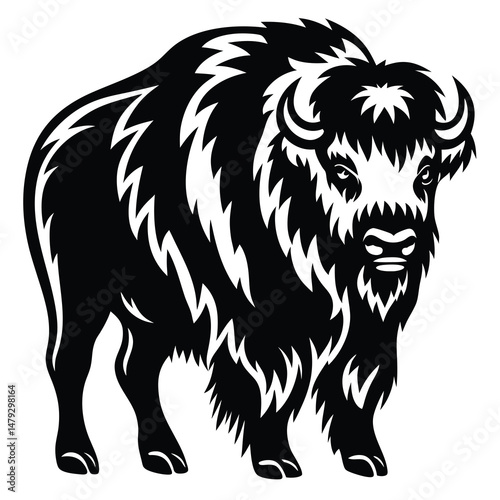 A Bold Bison Silhouette Stares Directly Forward in Contrasting Black and White