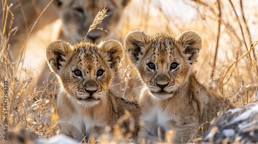 Obraz premium Two adorable lion cubs in the African savanna
