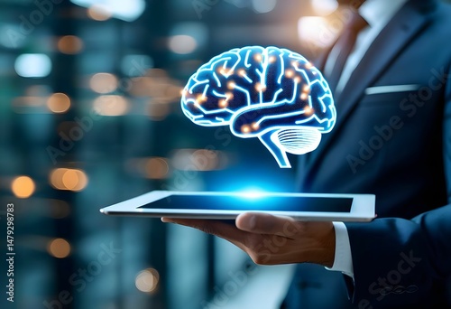 Analyzing Financial Data on a Futuristic Dashboard and AI Brain Displayed on a Tablet in a Businessman's Hands