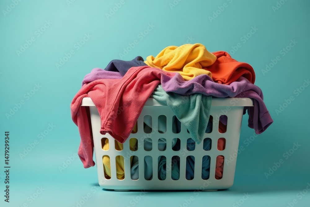 Overfilled laundry basket overflowing with clothes, home, white Overfilled laundry basket overflowing with clothes, home, white
