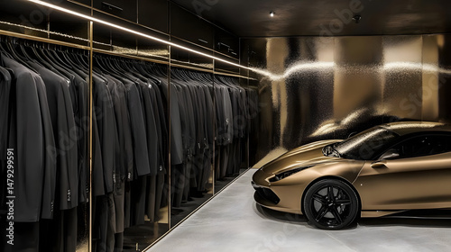 Obraz na płótnie Luxury Closet: Suits & Gold Car w salonie