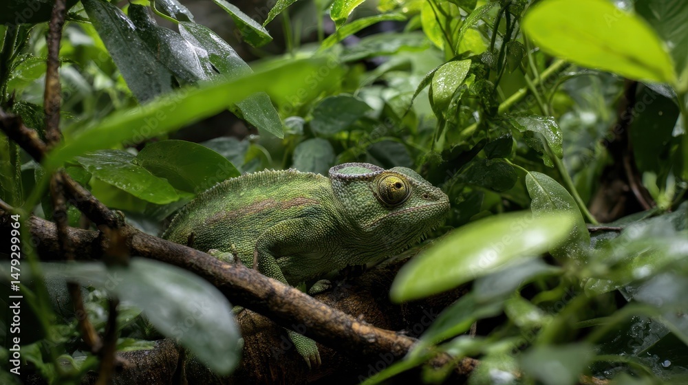Fototapeta premium Green chameleon perched amidst tropical foliage.