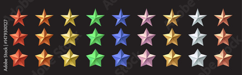 3D Color Star Icons Set – Cartoon Glossy Metallic Red, Orange, Yellow, Green, Blue, Purple, Pink, Gold, Silver, Bronze Stars – Vector Illustration