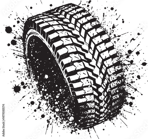  Monochrome artwork showcasing a tire track impression with detailed patterns and splattered effects. The design features a black-and-white theme, emphasizing ruggedness.
