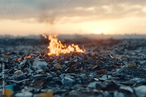 Burning Garbage in Landfill at Sunset