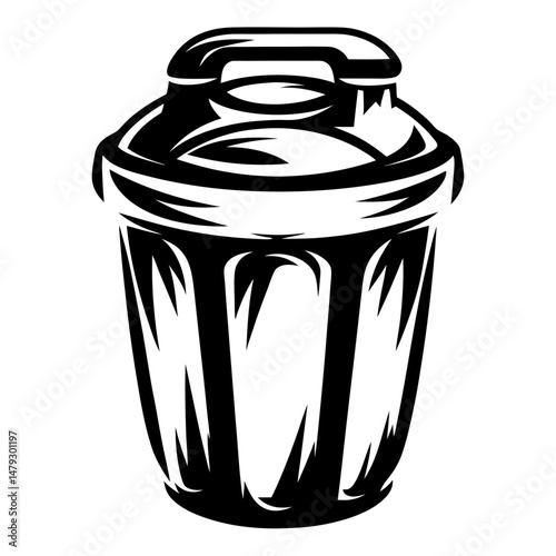Monochrome illustration of a vintage style trash can with a handle