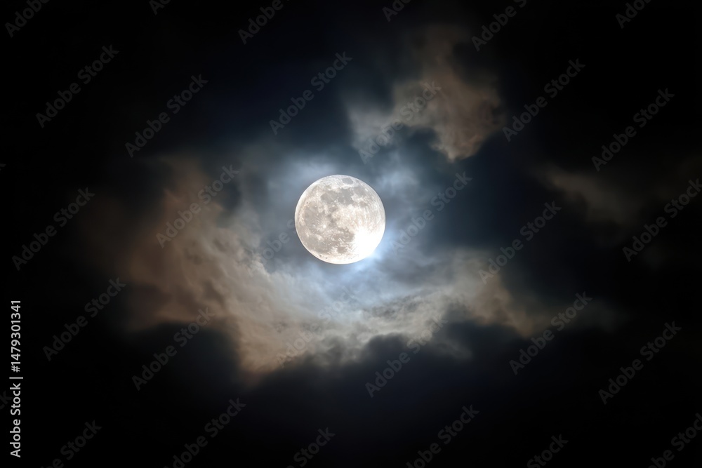 Fototapeta premium Moonlit Clouds with aVisible Full Moon, Black Sky, Captured from One Yard Away, Mobile Phone Camera, Low-Quality, Blur, Distortion