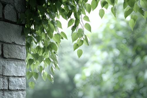 Green Leaves Hanging Over Stone Wall on a Rainy Day