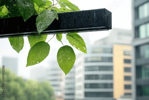 Green Leaves in the Rain Against Modern City Buildings