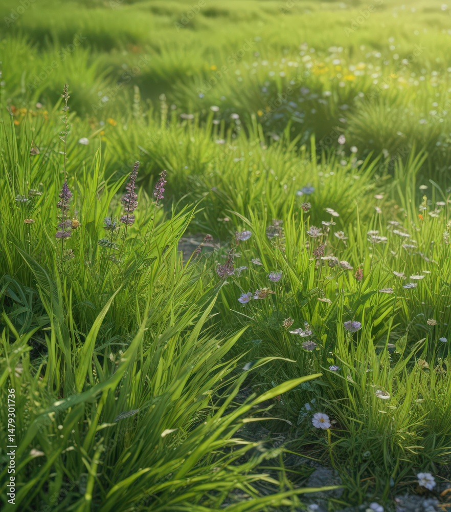 Fototapeta premium Vibrant green grass, wildflowers blooming in June sunlight, botanical, scenic