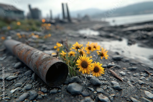 Yellow Wildflowers Growing Beside Rusty Pipe on Polluted Shoreline