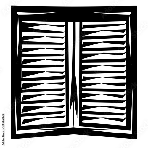 Monochrome illustration of a window with partially closed shutters design element