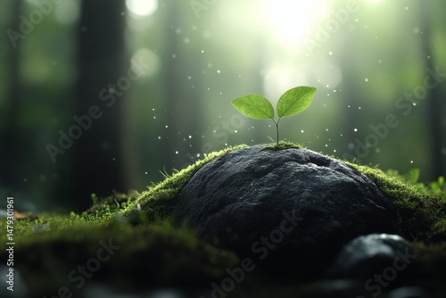 Young Green Plant Growing on Mossy Rock in Sunlit Forest