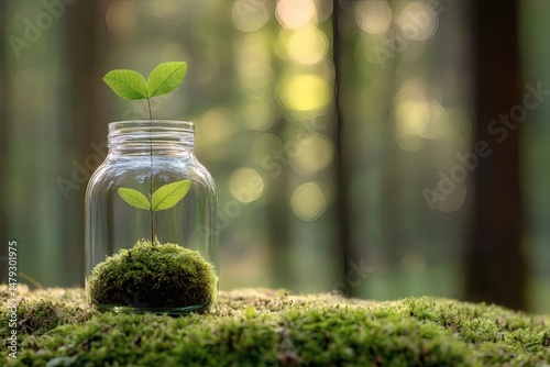 Young Plant Growing in a Glass Jar on Moss in Forest
