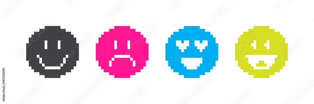Emoji colorful icon set. Sign, symbol. Pixel design, trendy shapes. Vector illustration. Smile, joy, love, sadness. Elements for a poster, banner, stickers, apps. Isolated on a white background. Emoji colorful icon set. Sign, symbol. Pixel design, trendy shapes. Vector illustration. Smile, joy, love, sadness. Elements for a poster, banner, stickers, apps. Isolated on a white background.